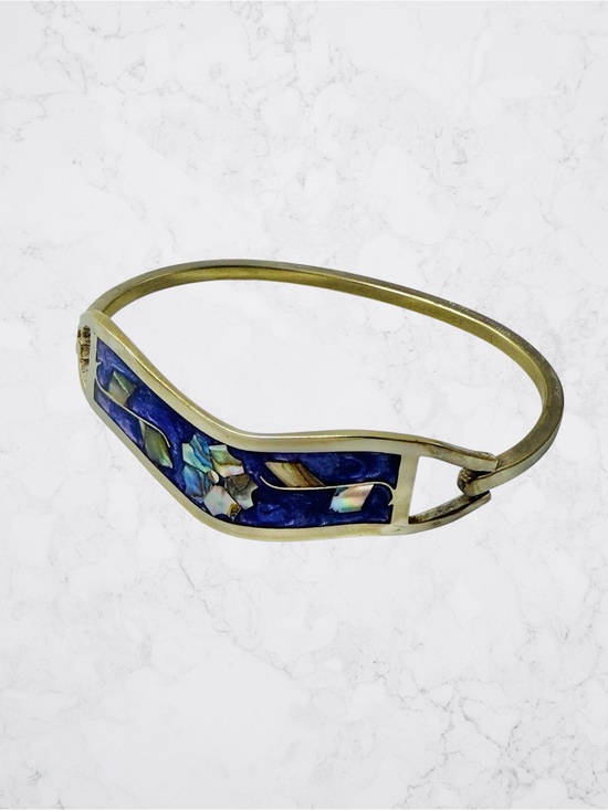 Taxco Jewelry - Vintage Taxco Mexico Abalone Inlaid Hinge Bangle Purple Bracelet Floral 6.5”